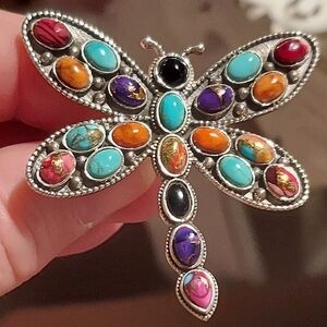 New LARGE Sterling Silver & Multistone Multicolor Dragonfly Ring Size 8